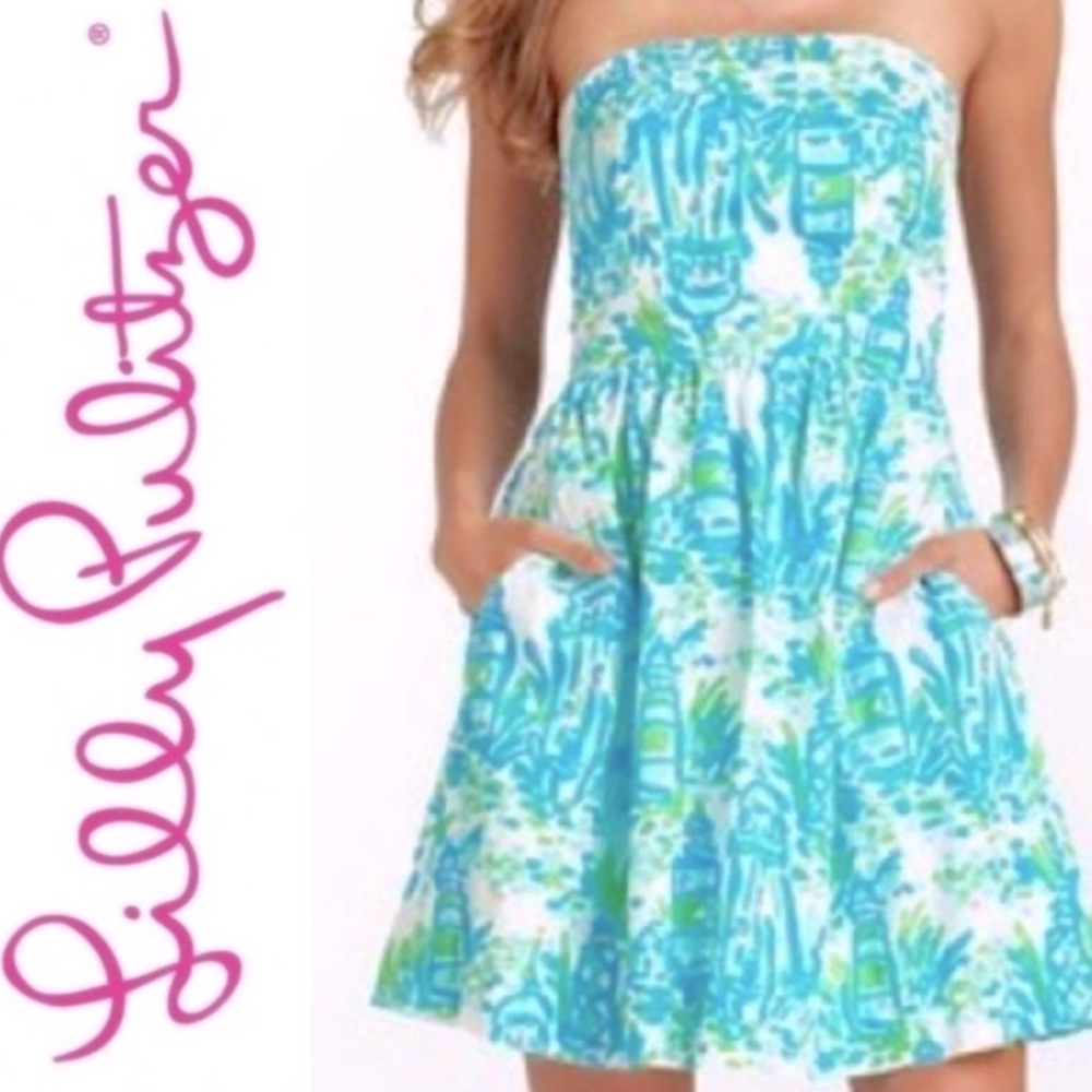 Lilly Pulitzer High Beams print Chandie dress. Strapless. Fun. Size XS.